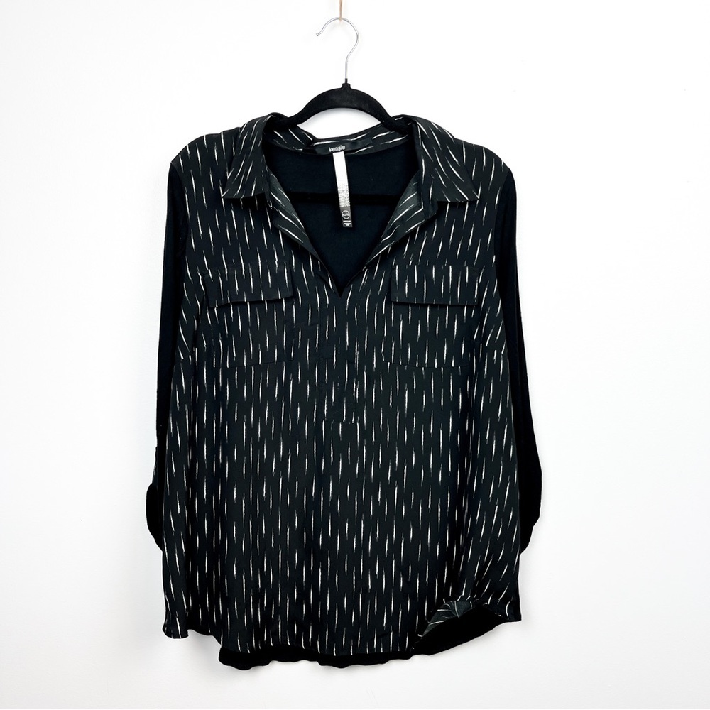 Kensie Black & White Long Sleeve Blouse, Sheer Front & Cotton-Style Back